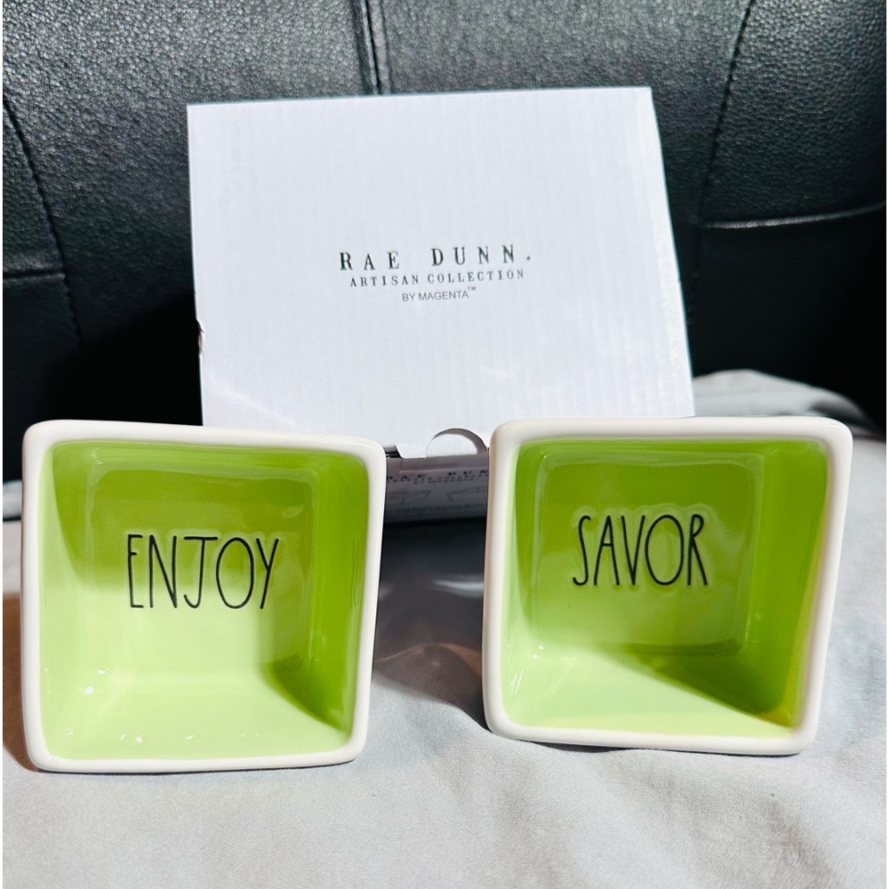 Rae Dunn Artisan Savor and Enjoy Square Ceramic Dipping Bowl Set of 2